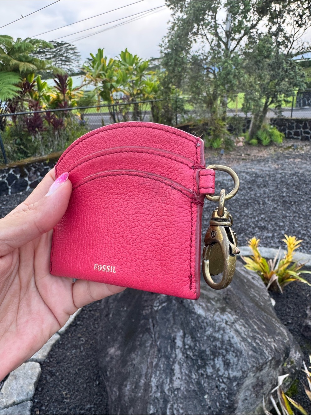 Fossil Red Leather Embroidered Tiger Card Case Keychain - Picture 4 of 8